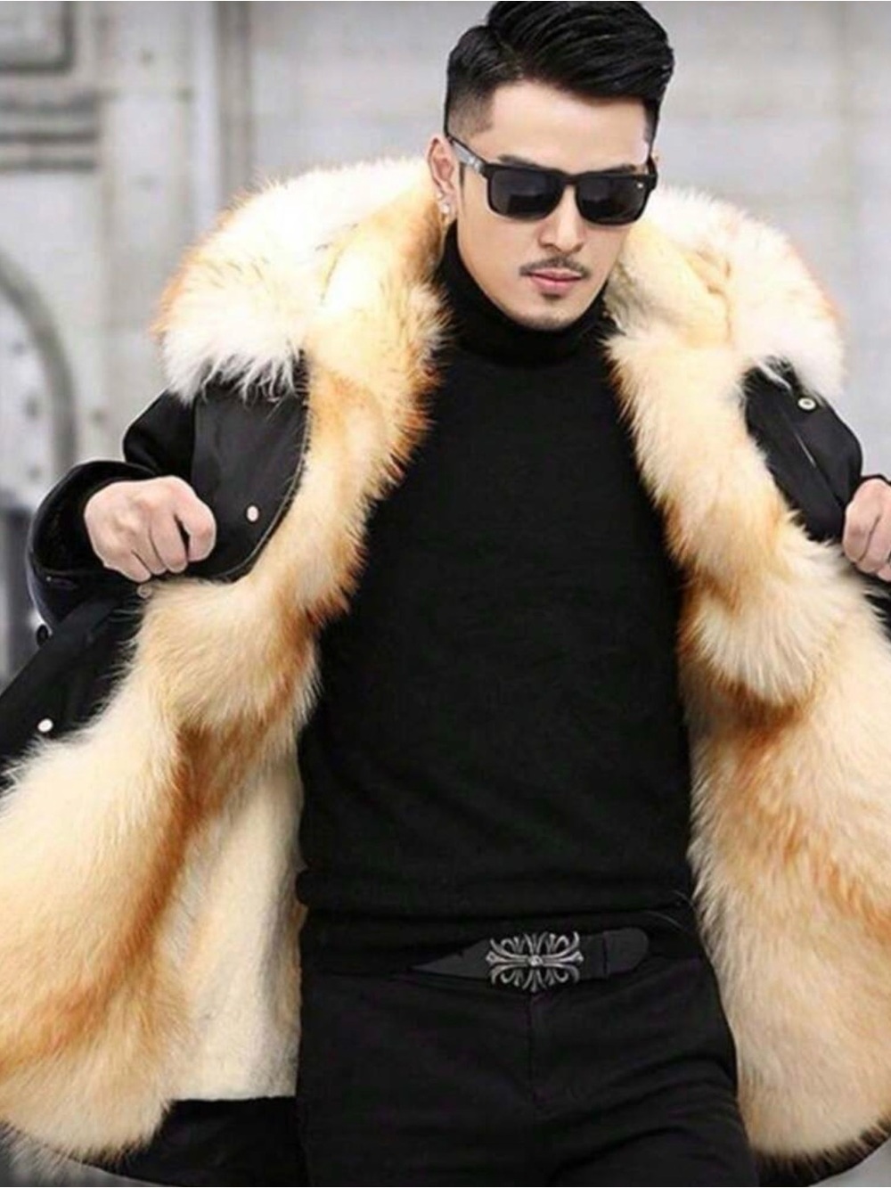 Men's Black Coat with Cream Fur Trim